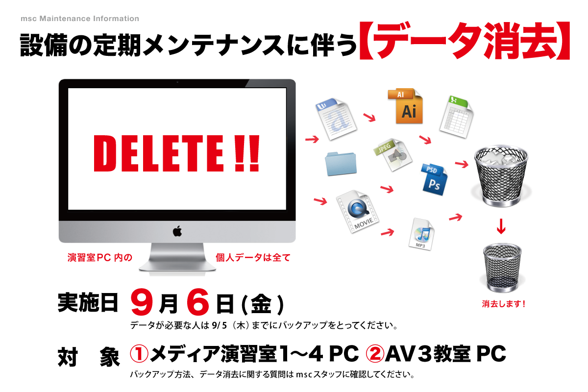 設備の定期メンテナンスに伴う【データ消去】のお知らせ 実施日:9月6日(金)